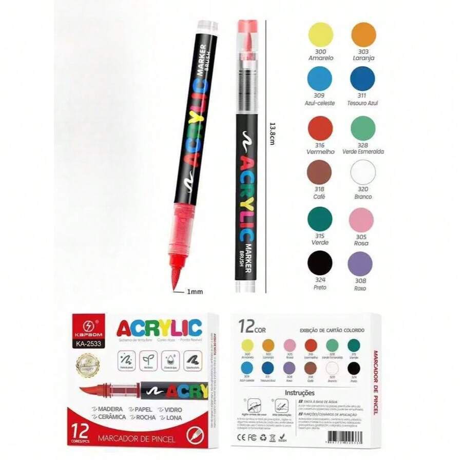 Kit 12 Permanent Acrylic Marker Pens Colored Brush - 12色/套 - 查看 1