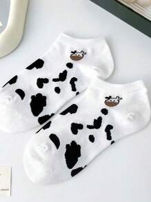 3/5/10pairs Women's Simple White Cartoon Cow & Bear Pattern Ankle Socks, No Show Socks - Multicolor - View 7