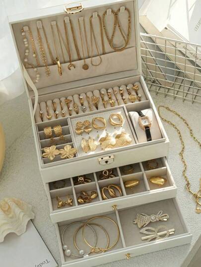 صندوق مجوهرات ذو 3 طبقات مع أدراج لتخزين المجوهرات، صندوق مجوهرات كبير وحافظة، مع حامل أقراط مخملي، صندوق مجوهرات قابل للقفل، هدية لعيد الحب