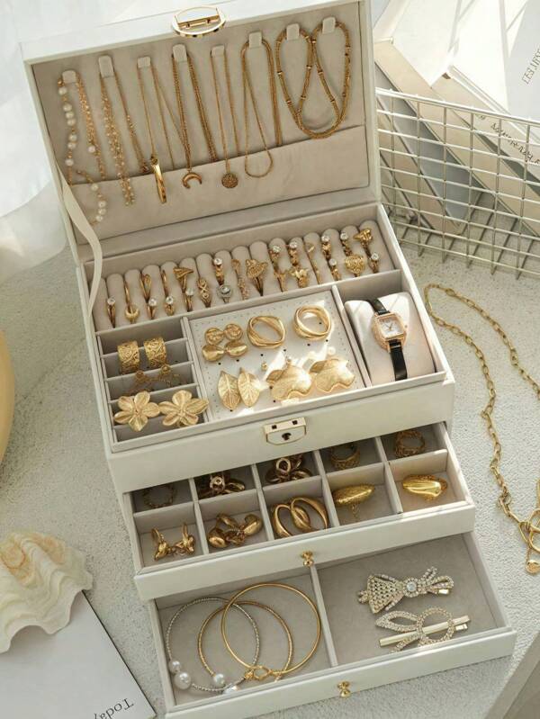 Boîte à bijoux à 3 niveaux avec tiroirs de rangement pour bijoux, grande boîte à bijoux et étui de rangement, avec support à boucles d'oreilles en velours, boîte à bijoux verrouillable, cadeau pour la Saint-Valentin