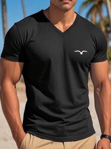 Men's Seagull Print V-Neck Short Sleeve Casual T-Shirt, Summer - Black - View 2
