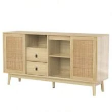 Sideboard With 3 Sliding Doors In Real Rattan And 2 Drawers, 155x38x80 Cm, Breathable, Robust And Versatile