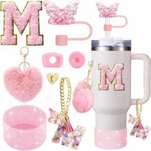 8 piezas de accesorios para taza de 40 oz y 30 oz, incluyendo tapa con pajita, tapa de silicona a prueba de derrames, funda de silicona, cadena con dije de letra, pegatina, gancho en forma de corazón, pompones con forma de corazón y bola de pelo, ideal para camping, regalo del Día de San Valentín, Día de la Madre, útiles escolares