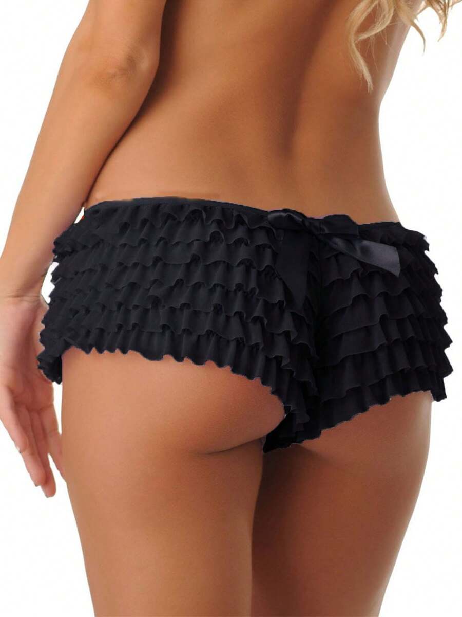 Women Mesh Ruffle Lace Cheeky Boyshorts Panty Booty Shorts Burlesque Retro Underwear Dance Bloomers Boy Shorts Panties Solid Color Underwear Elastic Boxer Briefs With Bow - Black - View 1