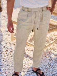 Men's Breathable Linen Pants Solid Color Drawstring Waist Casual Straight Leg Trousers For Summer - Khaki - View 3