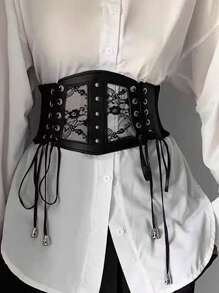 1 pieza Corselete elástico negro de encaje y malla sexy, adecuado para festivales, reuniones y fiestas. Corselete femenino para vestidos, entrenador de cintura para estilizar la cintura y controlar el abdomen.
