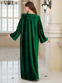 Green Flocking Embroidery Fashion Elegant Dress Loose Casual Moroccan Kaftan Dresses, Modest - Green - View 2