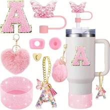 8 piezas de accesorios para taza de 40 oz y 30 oz, incluyendo tapa con pajita, tapa de silicona a prueba de derrames, funda de silicona, cadena con dije de letra, pegatina, gancho en forma de corazón, pompones con forma de corazón y bola de pelo, ideal para camping, regalo del Día de San Valentín, Día de la Madre, útiles escolares