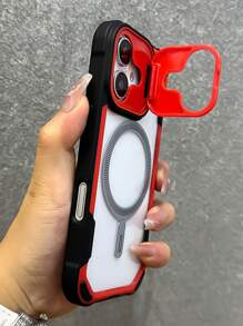奢华磨砂镜头支架磁吸无线充电手机壳适用于 16 15 14 13 12 Pro Max 11 16Plus 防震保护壳 防水防摔防刮 - 黑紅 - 查看 1