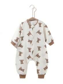 男女通用秋季双层棉纱分腿婴儿睡袋，可爱小熊印花长袖透气睡衣，男婴女婴睡袋