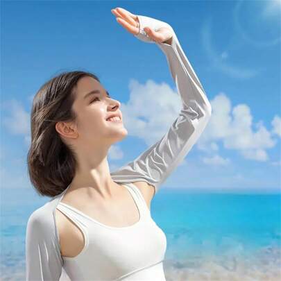 1 件高尔夫防晒臂套，户外运动骑行凉爽袖，一体式肩套，纯色，带指孔的弹性防晒，适合户外活动和夏季，涤纶氨纶混纺