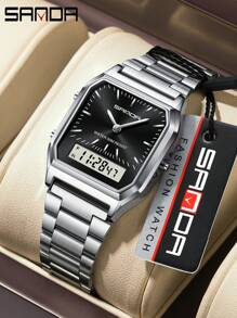 SANDA. SANDA Men's Fashion Watches Business Style Alarm Clock Steel Band Watch Square Dial