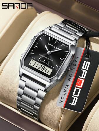 SANDA. SANDA Men's Fashion Watches Business Style Alarm Clock Steel Band Watch Square Dial