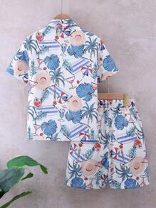 2 Stücke Hawaii-Stil Allover-Muster Hemd & Shorts Lässig Set für Jungen, Sommer - Babyblau - Übersicht 2
