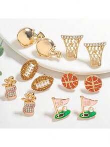 Set de 12 pares de pendientes de mujer con diseño de bolas deportivas con rhinestones, que incluyen baloncesto, aro de baloncesto, fútbol, pelota de golf, adecuados para usar en eventos deportivos diarios