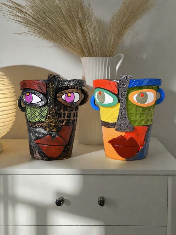 1pc A Colorful Artistic Abstract Resin Flowerpot With Facial Head Shape, Balcony Succulent Green Plant Flowerpot Decoration Home Decor Back To School Room Decor School Supplies