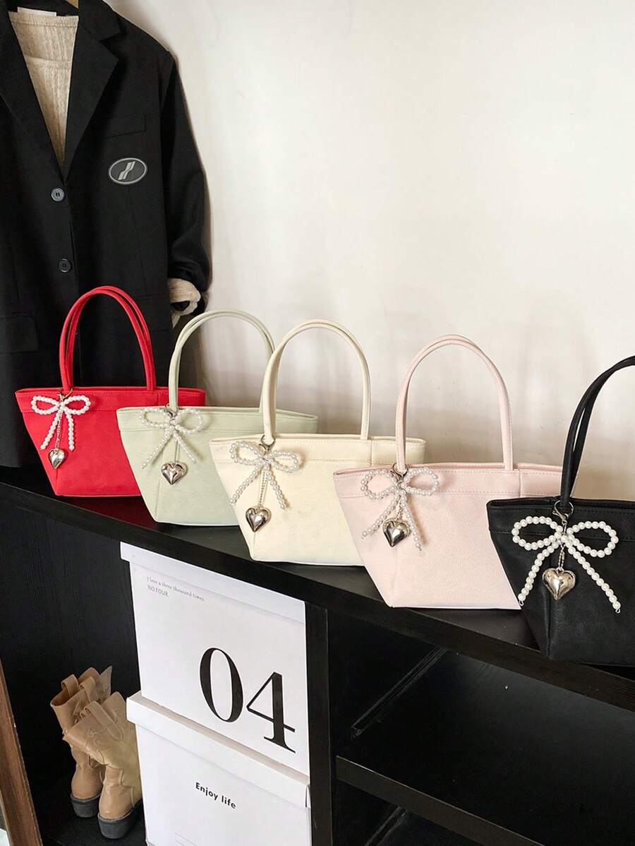 Girls' Fashionable Minimalist Handbag, Cute Bow Decor PU Material Tote - A - View 1