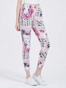 Womens Newspaper Inspired Stretchy Printed Leggings - Pink - View 5