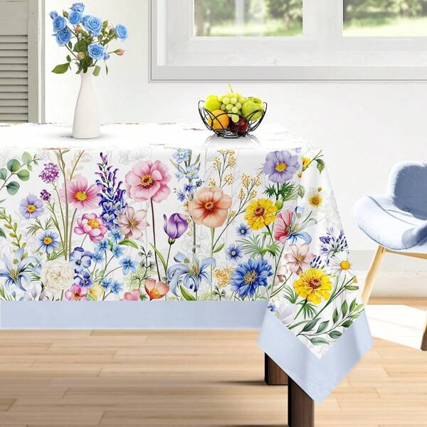 1pc Floral Washable Tablecloth, French Country Style Flower Design Rectangle Tablecloth, Stain Resistant, Suitable For Living Room, Kitchen, Dining Table Decor, Picnics, Parties, Spring/Summer Home Decor