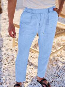 Men's Breathable Linen Pants Solid Color Drawstring Waist Casual Straight Leg Trousers For Summer - Blå - Visa 2
