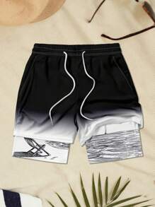 Plus Size Men's Beach Vacation Printed Lining Drawstring Shorts, Hawaiian - Multicolor - View 2