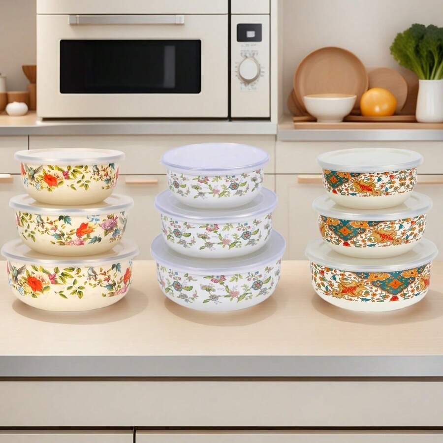 3PCS/5PCS 多色搪瓷食品储存碗套装，加厚抗菌，耐热密封碗带盖，适用于冰箱、厨房、沙拉、面包储存、圣诞礼物厨房配件、午餐盒、搅拌碗，适用于学校、露营、野餐、办公室、厨房组织 - 彩色 - 查看 1