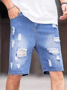Teenage Boy Street-Style Ripped Light Blue Denim Casual Shorts - Blue - View 6