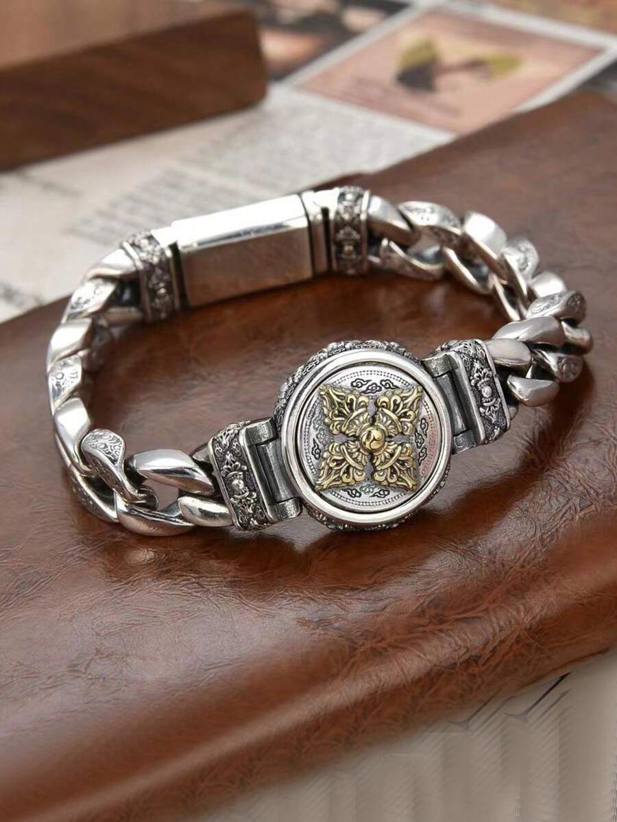 1 件复古旋转金刚主题银色男士手链，个性珠宝礼物