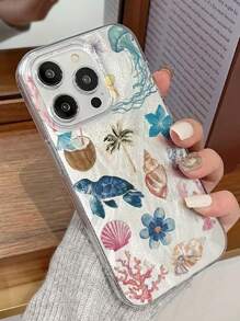 龟与花彩绘优雅雪纺银色简约时尚手机壳，兼容 16/16 Pro/16 Pro Max/16 Plus、 10，兼容 14/15/13/12 系列，保护性软彩绘外壳