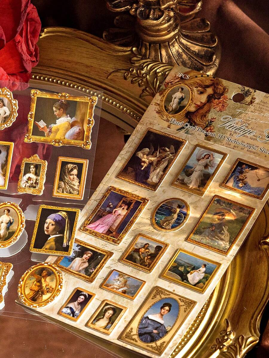 MOCARD 2 件/包复古欧洲绘画精装贴纸，适用于剪贴簿、DIY 装饰拼贴材料、礼品、个性化文具用品、学校用品、返校 - 棕色 - 查看 1