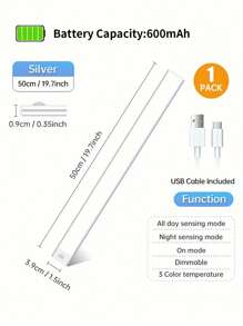 1个LED人体感应橱柜灯，适用于橱柜下方、衣柜等，无线磁吸式USB充电厨房夜灯，电池供电，可用于衣柜、橱柜、楼梯、走廊、搁板等 - 三种灯光颜色可选，尺寸：7.87英寸/11.8英寸/15.7英寸/19.7英寸