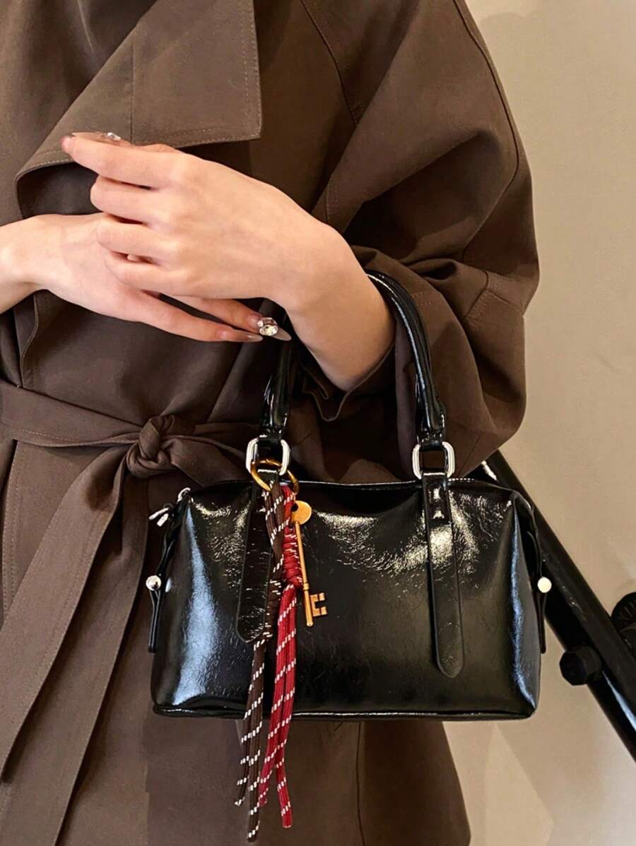 Túi xách tay PU mềm màu trơn mới thời trang thu đông, túi tote quà tặng ngày lễ và hàng ngày phong cách cổ điển dành cho nữ - màu đen - Xem 1