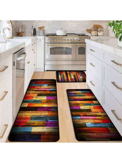 1 pieza Alfombra de cocina impresa con motivos geométricos coloridos, antideslizante y lavable, adecuada para entrada, cocina, sala de juegos, dormitorio, decoración de habitación de adolescentes, decoración del hogar. ¡Embellece tu habitación con esta hermosa alfombra geométrica colorida!
