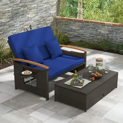  ERGOMASTER  Outdoor Sun Lounger Daybed Rattan Woven Loveseat Ottoman Set Adjustable Backrest