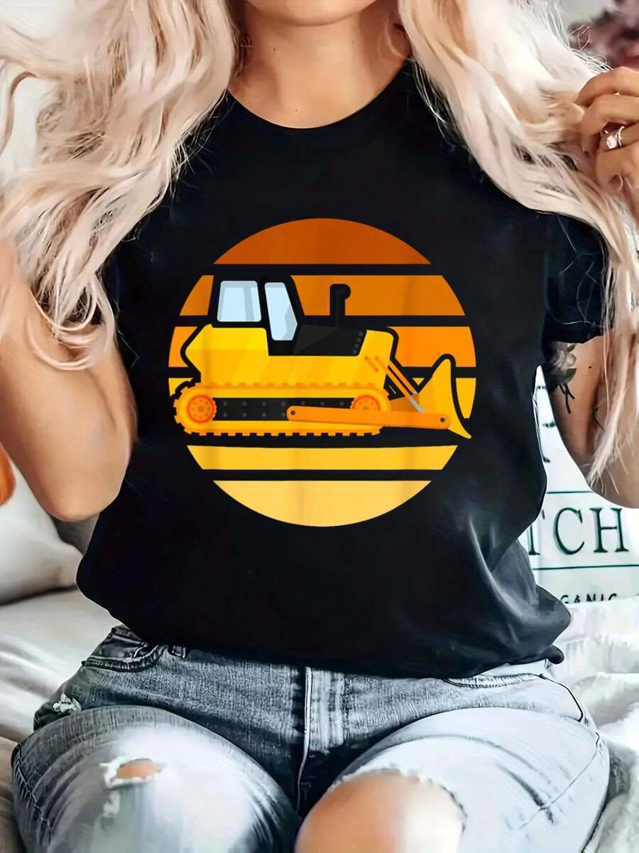 100% Cotton T Shirts For Women Retro Vintage Caterpillar Guide, Creative Construction Site Cotton Printed T-Shirt For Summer, Soft Women's Short Sleeve Top, Fashionable And Comfortable Graphic Tee - 黑色 - 查看 1