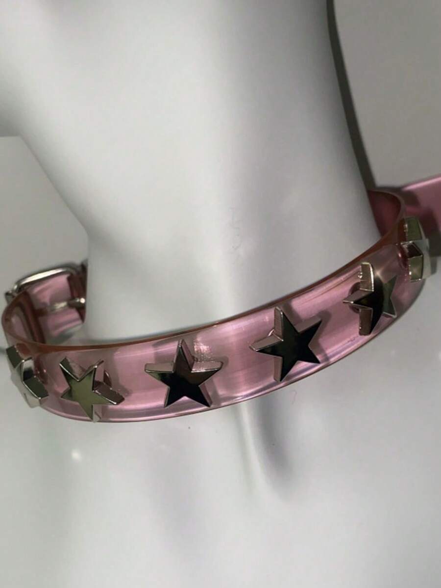 1pc Punk Rock Pink Faux Leather Star Choker Necklace For Women, Suitable For Music Festival, Party, Gathering - 淡粉紅色 - 查看 1