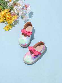 Girls Embroidered Elastic Strap Bow Decor Flat Casual Shoes - Multicolor - View 3