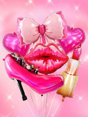 6 st sminktema ballongset, innehåller höga klackar, röda läppar, läppstift, rosett, hjärtfolieballonger, lämplig för prinsessfödelsedagsfest, bruddusch, Bachelorette Spa Party, inomhus- och utomhusdekoration
