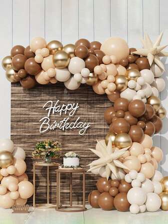 132pcs Brown, Beige, Golden Latex Balloon Garland Kit, Suitable For Birthday, Gifts, Weddings, Valentine's Day, Anniversary, Graduation Party Decor