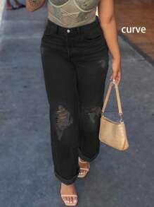 跨境新品热卖美式街头风宽松休闲破洞潮流个性腰部松紧女大码牛仔裤