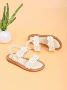 女童白色甜美可爱风格平底凉鞋，休闲时尚公主沙滩鞋，春夏 - 杏色 - 查看 2