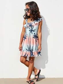 Vestido de tirantes con estampado de palmera y volantes en el bajo para niñas preadolescentes, estilo de resort playero para el verano