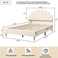 Upholstered Bed, Double Bed 140x200 Cm, Bed Frame With Floral Headboard And Slatted Frame, Girl's Bed, Guest Bed, Without Mattress, Velvet, Beige/Burgundy - 140*200cm - 查看 11