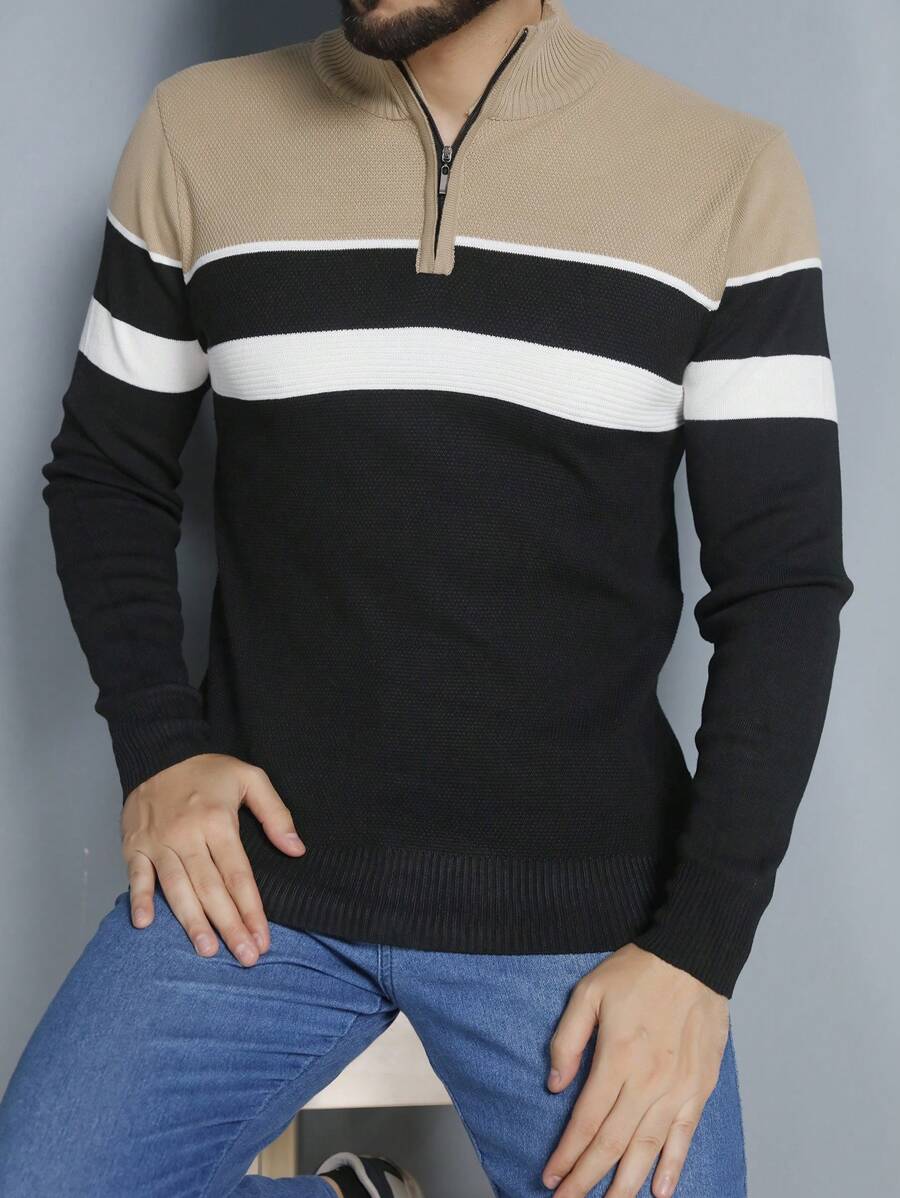 Men's Knitted Sweater Round Neck Autumn Winter Cold Weather Top - Black - View 1