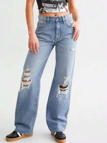 Women's Front Button Pocket Distressed Casual Denim Jeans