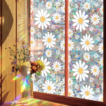  1 Rulo 3D Gökkuşağı Papatya Desenli Statik Yapışkanlı Pencere Filmi, Çıkarılabilir Dekoratif Pencere Etiketi, Gizlilik Koruması ve UV Korumalı Pencere Çıkartması, Ev Banyo Yatak Odası Cam Pencereleri İçin Uygundur