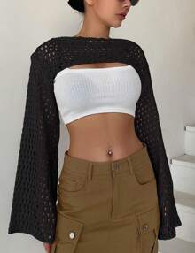 GoyRrbay Womens Cropped Knit Sweater Top Hollow Out Bolero Shrug See Through Crochet Shrug Y2K Top - màu đen - Xem 1