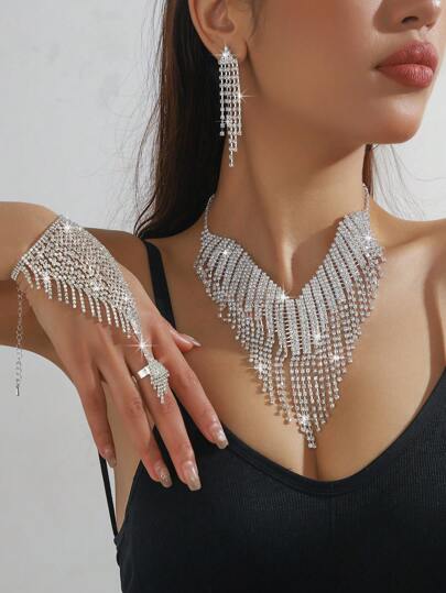 4pcs Luxury Rhinestone Embellished Necklace, Earrings And Bracelet Set, Versatile For Women's Daily Commute, Campus Date, Wedding Party, Valentine's Day Holiday