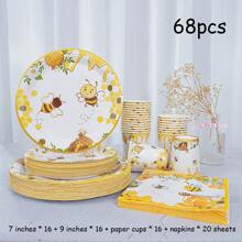 68/10 件套，蜜蜂主题，生日派对用品，生日派对托盘，纸杯和餐巾纸套装，包括 32 个纸盘、20 张餐巾纸、16 个纸杯，生日派对装饰，派对用品，野餐用品，派对用品，派对餐盘，一次性纸盘，一次性餐盘 - 彩色 - 查看 12