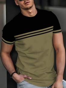 Camiseta de manga corta de verano informal para hombres con de color y piezas insertadas - Verde - Ver 2